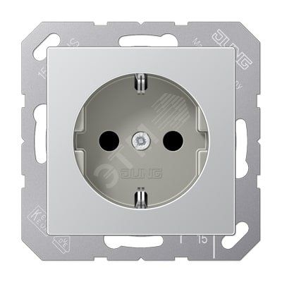 Штепсельная розетка SCHUKO одинарная, с заземлением, с шторками, 16A, 250В  (механизм + накладка, без рамки). Серия A500  Материал- дуропласт  Цвет- алюминий