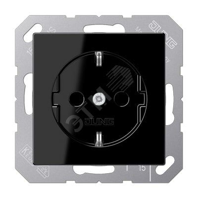 Штепсельная розетка SCHUKO одинарная, с заземлением, с шторками, 16A, 250В  (механизм + накладка, без рамки). Серия A500  Материал- дуропласт  Цвет- черный