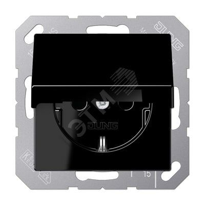 Штепсельная розетка SCHUKO одинарная, с заземлением, с крышкой, без шторок, 16A, 250В  (механизм + накладка, без рамки). Серия A500  Материал- дуропласт  Цвет- черный