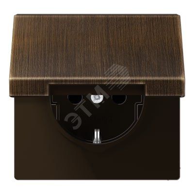 Штепсельная розетка SCHUKO одинарная, с заземлением, с шторками, с откидной крышкой, 16A, 250В  (механизм + накладка, без рамки). Серия LS990  Материал- металл  Цвет- античная латунь