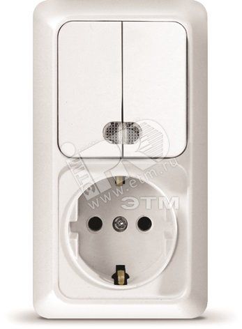 Блок выключатель двуклавишный c подсветкой + розетка с заземлением Олимп вертикальный белый