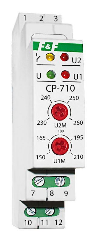 Реле контроля напряжения CP-710 230В, 16А, 1-фазный, контроль верхнего и нижнего значений напряжения, DIN-рейка 35мм