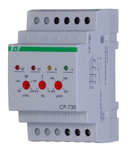 Реле контроля напряжения CP-730 380/230В, 10А, 3-фазный, контроль верхнего и нижнего значений напряжения, DIN-рейка 35мм