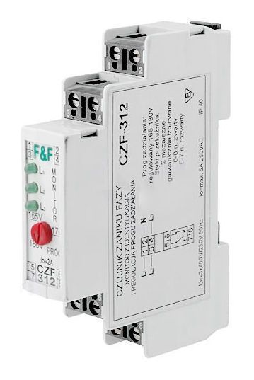 Реле контроля и наличия фаз CZF-312 3х400/230+N 2х8А, IP20 (контроль нал. фаз), регул. порога, без задержки откл., DIN-рейка