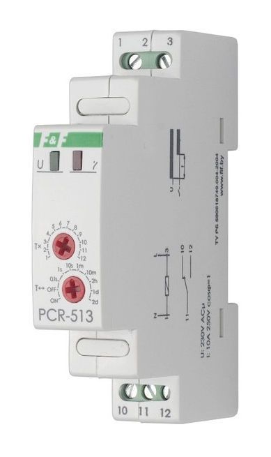 Реле времени PCR-513U 12-264В АС/DC, 8А, IP20, с задержкой включения, монтаж на DIN-рейке 35мм