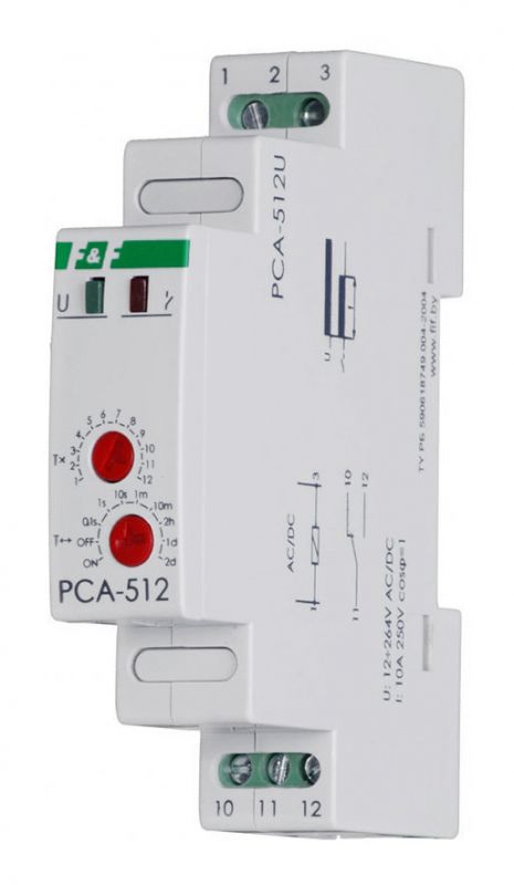 Реле времени PCA-512U 12-264В АС/DC, 8А, IP20, с задержкой выключения, монтаж на DIN-рейке 35мм