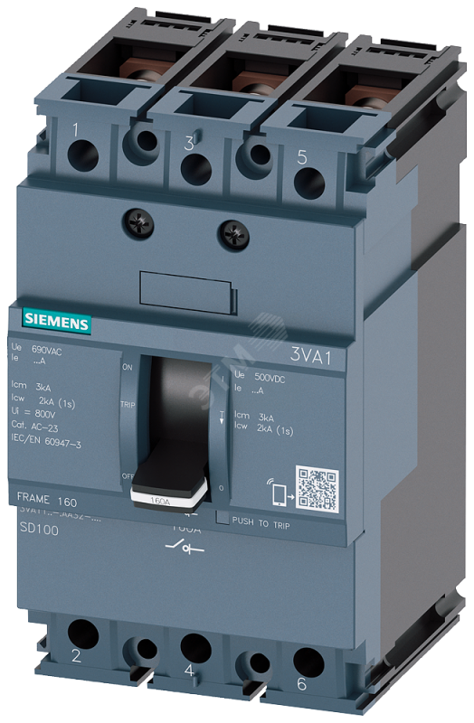 РАЗЪЕДИНИТЕЛЬ НАГРУЗКИ 3VA1 IEC ТИПОРАЗМЕР 160 3-ПОЛЮС. SD100, IN=160A БЕЗ ЗАЩИТЫ ОТ ПЕРЕГРУЗКИ БЕЗ ЗАЩИТЫ ОТ ТОКА КЗ ШИННОЕ ПРИСОЕДИНЕНИЕ НЕЗАВИС. РАСЦЕПИТЕЛЬ (STL) 12-30 В ПОСТ. ТОКА, 24 В ПЕР. ТОКА 50/60 ГЦ 2 ДОП. КОНТАКТ HQ