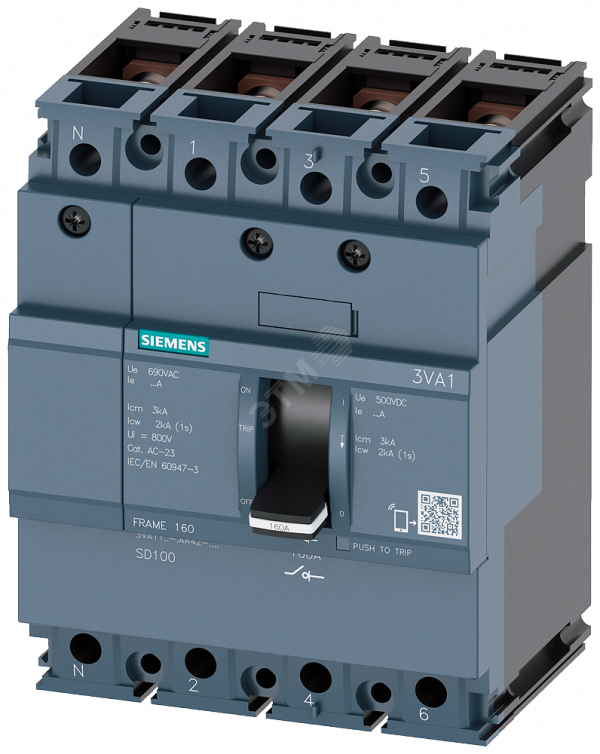 РАЗЪЕДИНИТЕЛЬ НАГРУЗКИ 3VA1 IEC ТИПОРАЗМЕР 160 4-ПОЛЮС. SD100, IN=100A БЕЗ ЗАЩИТЫ ОТ ПЕРЕГРУЗКИ БЕЗ ЗАЩИТЫ ОТ ТОКА КЗ ШИННОЕ ПРИСОЕДИНЕНИЕ 1 ДОП. КОНТАКТ. HP 1 АВАРИЙН. КОНТАКТ. СРАБАТЫВАНИЯ HP